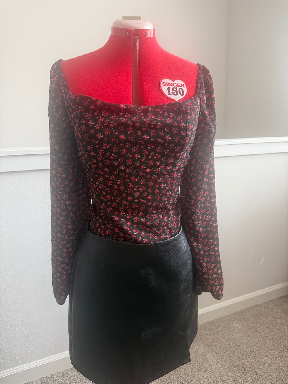 Square-Neck Floral Blouse in Black with Red Rose Print